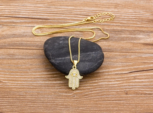 Hamsa Hand Necklace Evil Eye Pendant Gold Color Copper Zircon