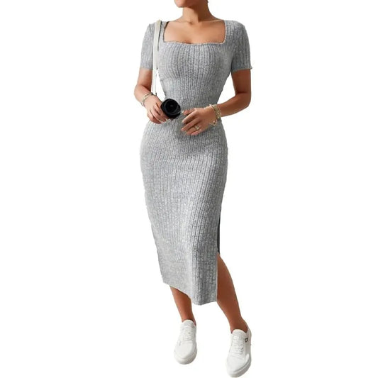 Knitted Slit Dress Gray