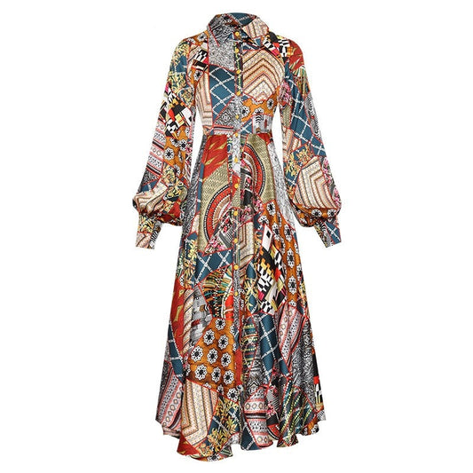 Lapel Single Breasted Lantern Long Sleeve Vintage Print Dress
