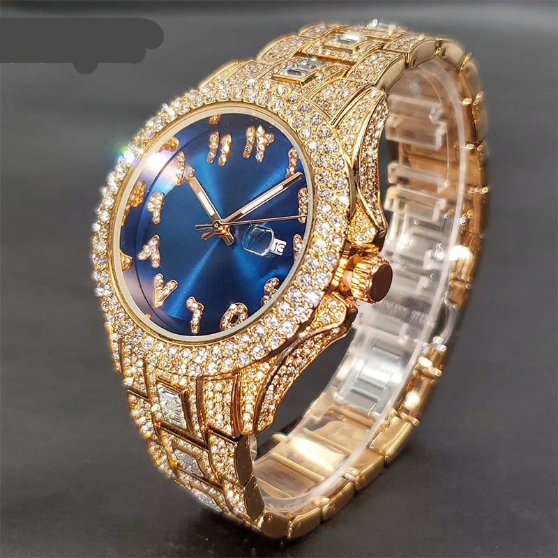 Luxe Golden Men Watch Auto Calendar With CZ Arabic Numbers