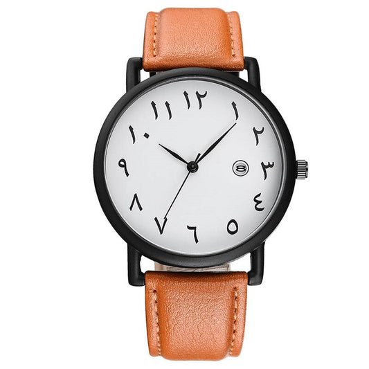 Arab Numbers Scales Men Watch Leather Calender Analog Quartz Clock