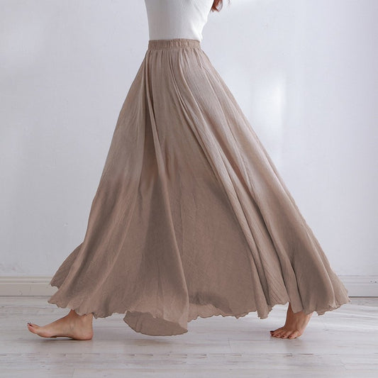Linen Maxi Skirt Womens Casual Elastic High Waist Pleated