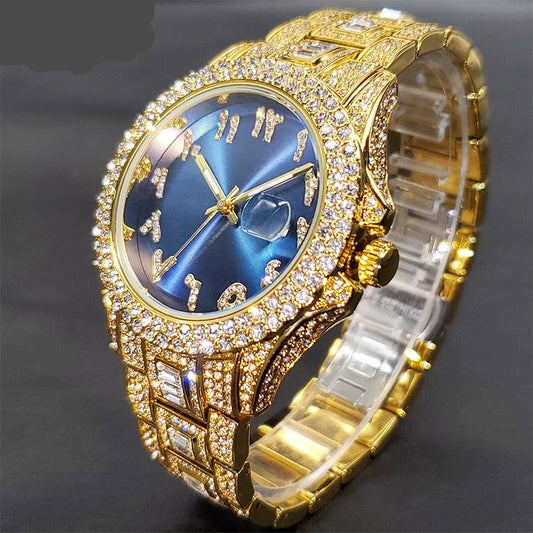 Luxe Golden Men Watch Auto Calendar With CZ Arabic Numbers