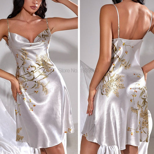 Sleep Dress Rayon Printed Cherry Nightwear V-Neck