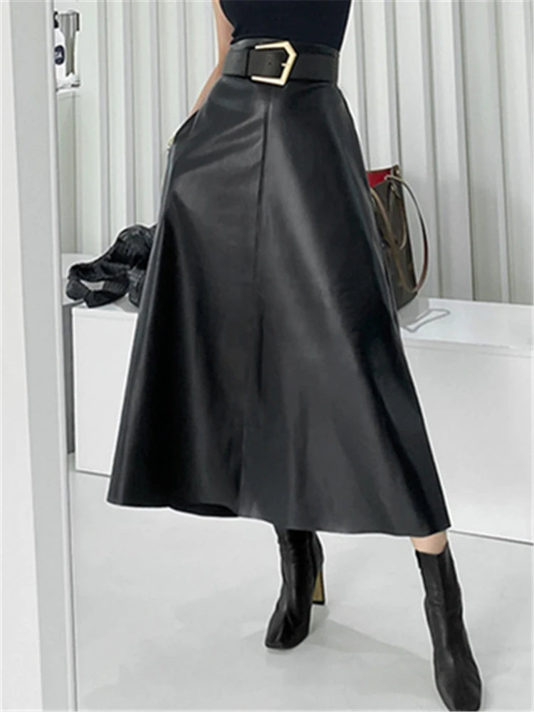 Classic Faux PU Leather Long Skirts with Belt New High Waist