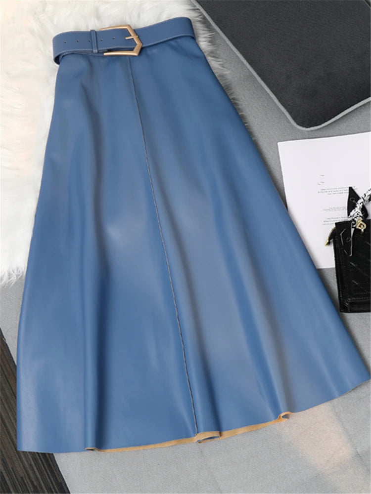 Classic Faux PU Leather Long Skirts with Belt New High Waist