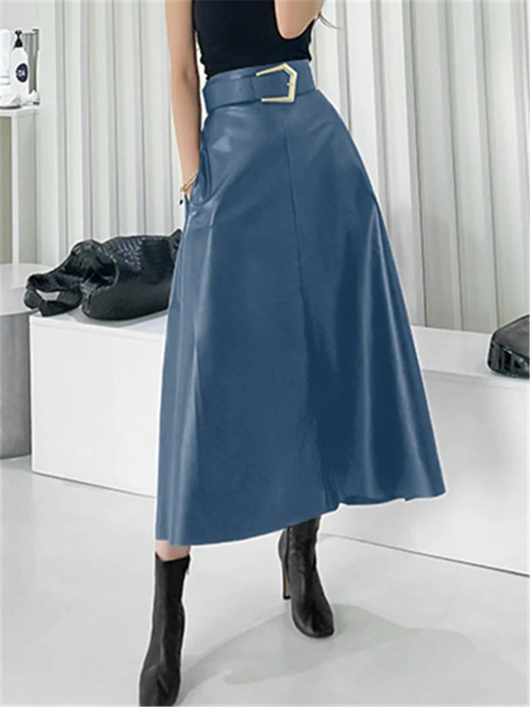 Classic Faux PU Leather Long Skirts with Belt New High Waist