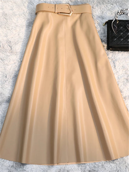 Classic Faux PU Leather Long Skirts with Belt New High Waist