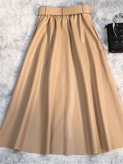 Classic Faux PU Leather Long Skirts with Belt New High Waist