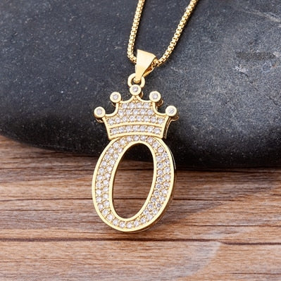 Copper Zircon A-Z Crown Alphabet Pendant Chain Necklace Hip-Hop Style