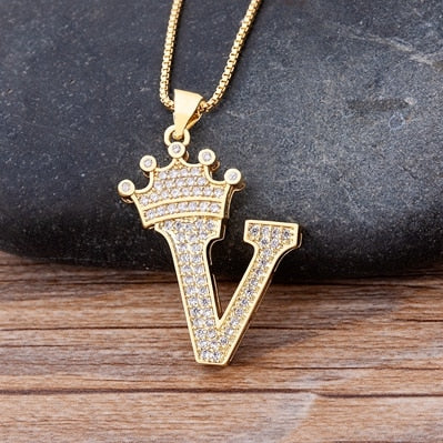 Copper Zircon A-Z Crown Alphabet Pendant Chain Necklace Hip-Hop Style