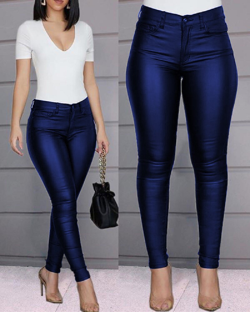 Women Slim High Waist Trousers Push Up Solid Color Pants Casual