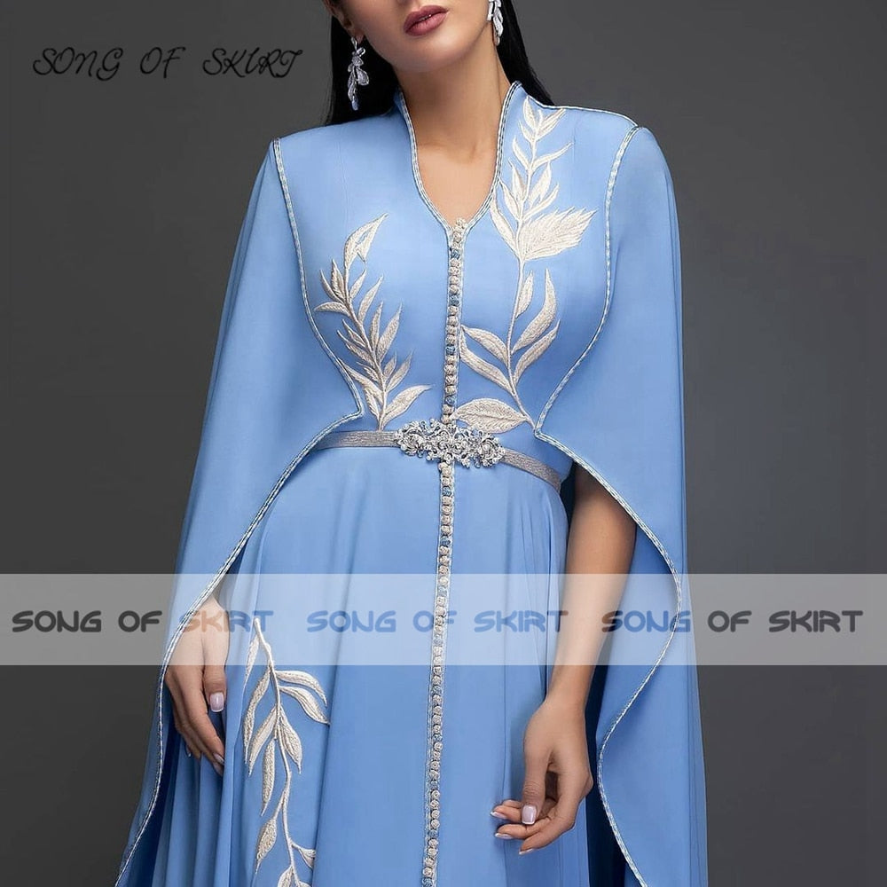 Elegant V-neck Sky Blue Dress Muslim Women Moroccan Kaftan
