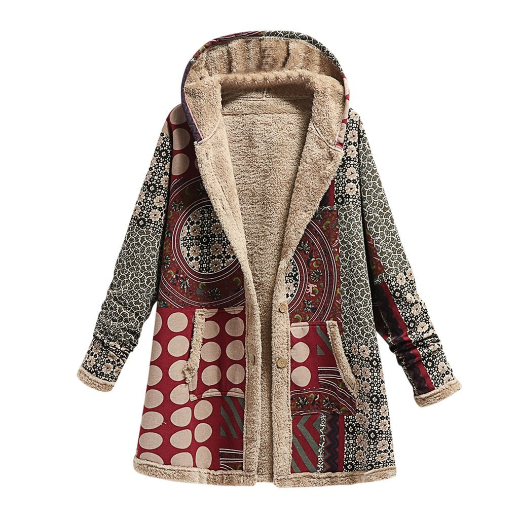 Women Coat Warm Printing Thick Fleece Hooded Long Jacket with Pocket