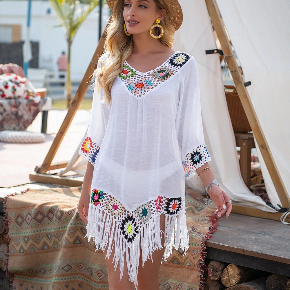 Bikini Cover Up With Fringe Trim Women Hollow Tunic Bathing Suit