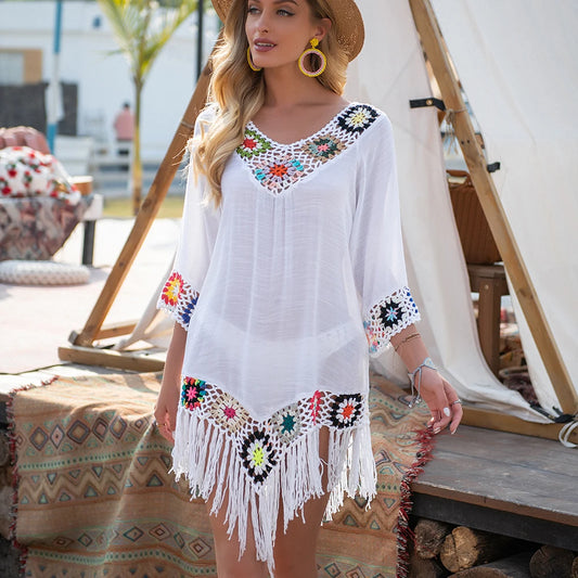 Bikini Cover Up With Fringe Trim Women Hollow Tunic Bathing Suit