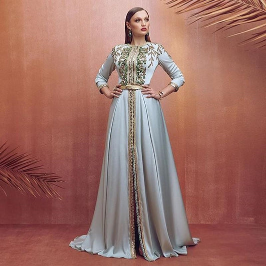 Moroccan Caftan Evening Dresses Long Sleeves O-Neck Crystal