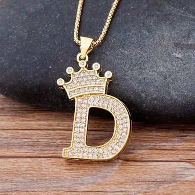 Copper Zircon A-Z Crown Alphabet Pendant Chain Necklace Hip-Hop Style