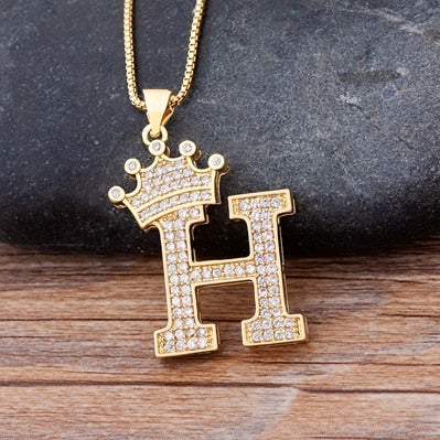 Copper Zircon A-Z Crown Alphabet Pendant Chain Necklace Hip-Hop Style