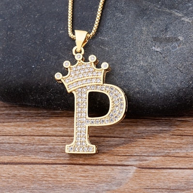 Copper Zircon A-Z Crown Alphabet Pendant Chain Necklace Hip-Hop Style