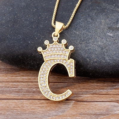 Copper Zircon A-Z Crown Alphabet Pendant Chain Necklace Hip-Hop Style