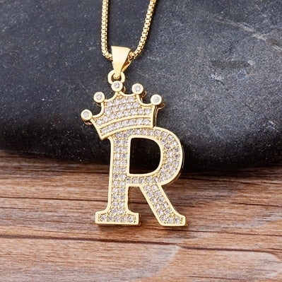 Copper Zircon A-Z Crown Alphabet Pendant Chain Necklace Hip-Hop Style