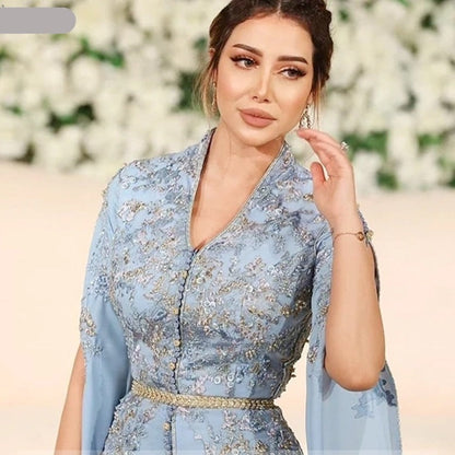 Caftan for Women Beaded Lace Light Blue Long Sleeve