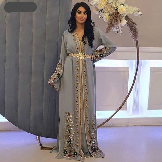 Formal Silver Grey Kaftan Prom Party Gowns Long Sleeve