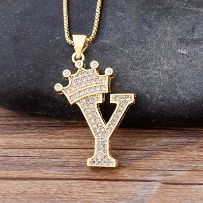 Copper Zircon A-Z Crown Alphabet Pendant Chain Necklace Hip-Hop Style