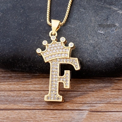 Copper Zircon A-Z Crown Alphabet Pendant Chain Necklace Hip-Hop Style