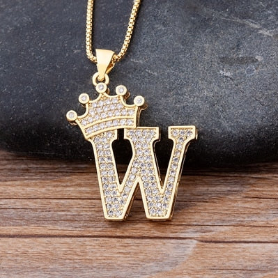 Copper Zircon A-Z Crown Alphabet Pendant Chain Necklace Hip-Hop Style