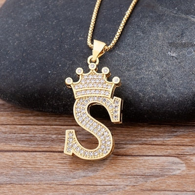 Copper Zircon A-Z Crown Alphabet Pendant Chain Necklace Hip-Hop Style