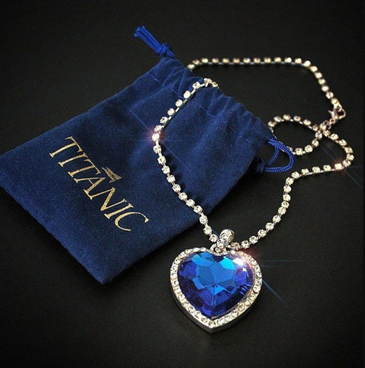Ocean Blue Heart Love Forever Pendant Necklace + Velvet Bag