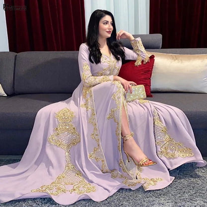 Luxurious Muslim Evening Dress Beaded Lace A-Line Caftan