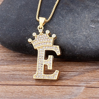 Copper Zircon A-Z Crown Alphabet Pendant Chain Necklace Hip-Hop Style