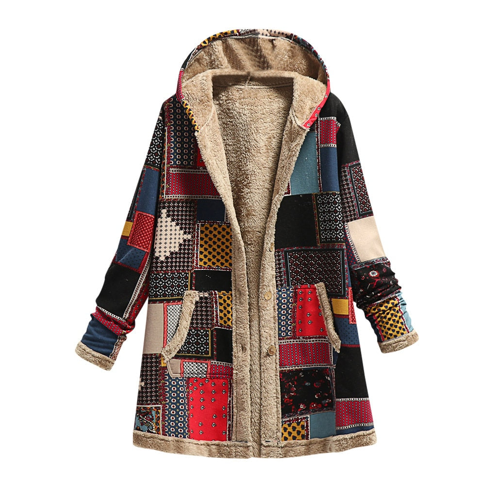 Women Coat Warm Printing Thick Fleece Hooded Long Jacket with Pocket