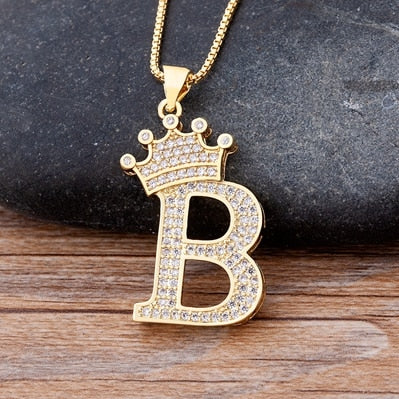 Copper Zircon A-Z Crown Alphabet Pendant Chain Necklace Hip-Hop Style