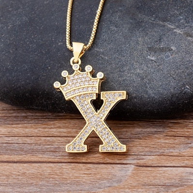 Copper Zircon A-Z Crown Alphabet Pendant Chain Necklace Hip-Hop Style