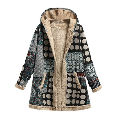 Women Coat Warm Printing Thick Fleece Hooded Long Jacket with Pocket