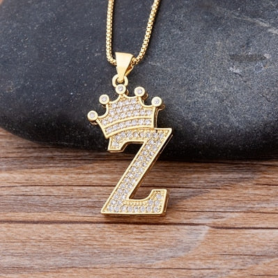 Copper Zircon A-Z Crown Alphabet Pendant Chain Necklace Hip-Hop Style