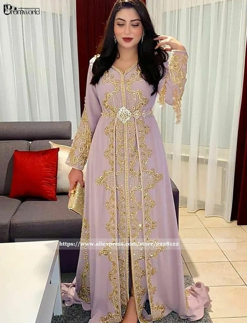 Luxurious Muslim Evening Dress Beaded Lace A-Line Caftan
