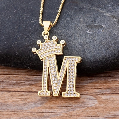 Copper Zircon A-Z Crown Alphabet Pendant Chain Necklace Hip-Hop Style