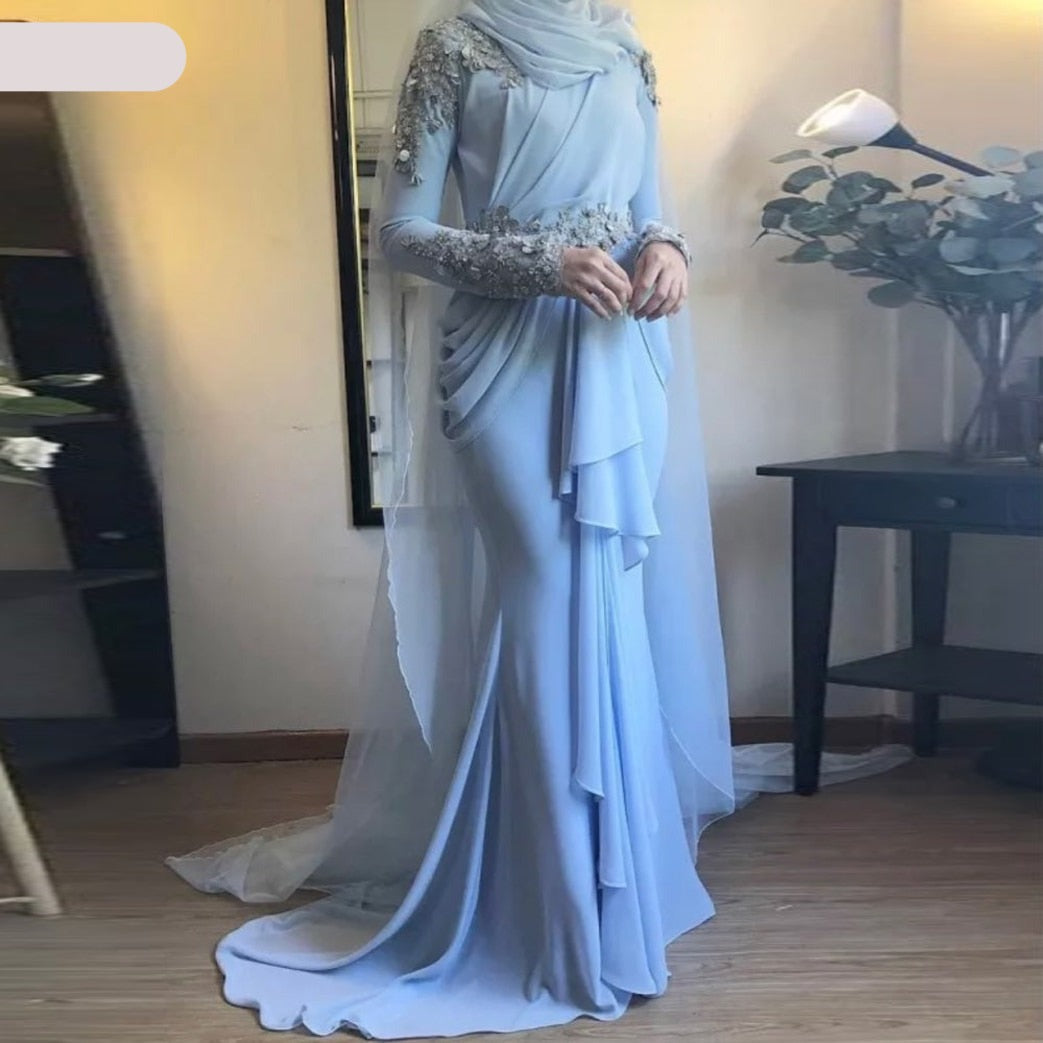 Arabic Long Sleeves Formal Prom Dress Beaded Lace Chiffon