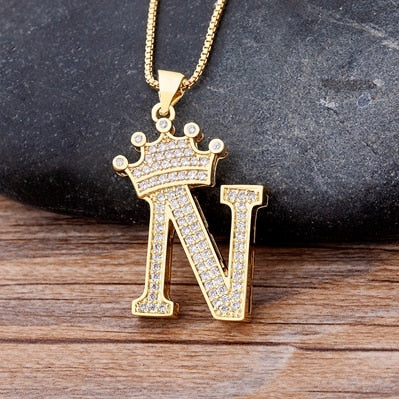 Copper Zircon A-Z Crown Alphabet Pendant Chain Necklace Hip-Hop Style