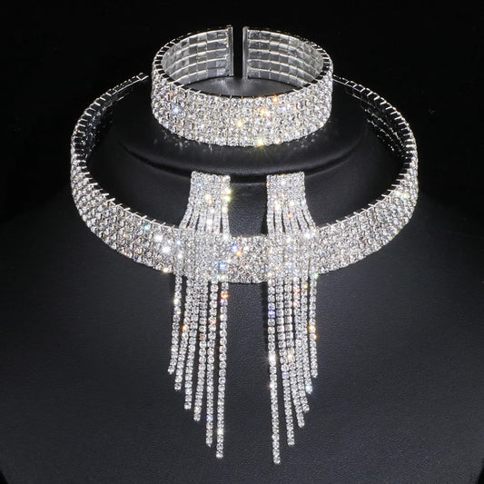Tassel Crystal Jewelry Rhinestone Necklace Earrings Bracelet sets