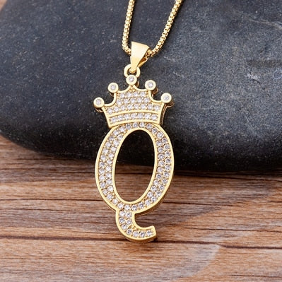 Copper Zircon A-Z Crown Alphabet Pendant Chain Necklace Hip-Hop Style