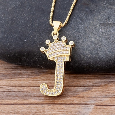 Copper Zircon A-Z Crown Alphabet Pendant Chain Necklace Hip-Hop Style