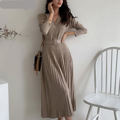 Elegant V-neck Single-breasted Women Thicken Sweater Dress