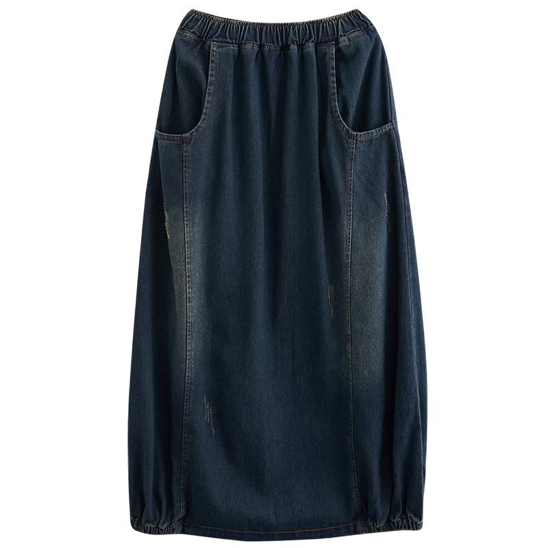 Women Loose Retro Patchwork Pockets Washed Denim Skirt
