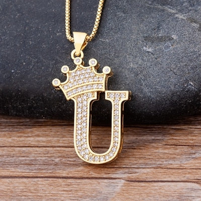 Copper Zircon A-Z Crown Alphabet Pendant Chain Necklace Hip-Hop Style